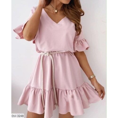 2021 Summer Fashion Women Solid Color A-Line Dress Casual Fold Ruffle Belt V Neck Butterfly Short Sleeve Slim Mini Dress