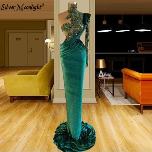 Dark Green Beaded Appliqued Long Evening Dresses One Shoulder Mermaid Prom Dresses For Women Robes Arabic Vestido De Fiesta