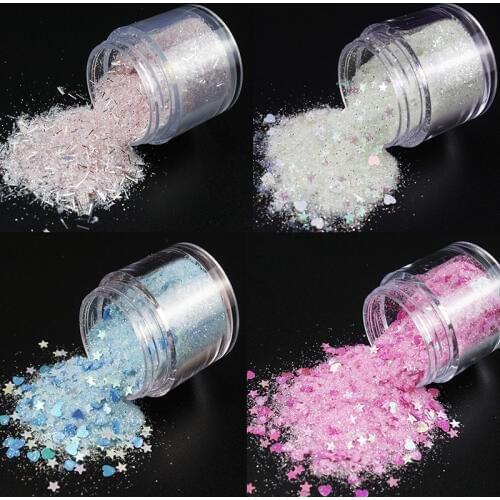 1Pot 7Color Choice Iridescent Glitter Moon,Star,Heart Shape 0.2-3mm Glitter rainbow For Eye Body Nail Chunky Glitter Flakes 10ml