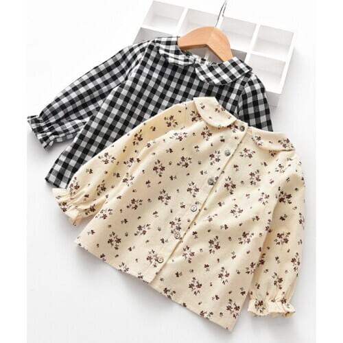 2020 Girls New Korean Plaid Floral Shirt Baby Autumn Lapel Cotton Long-Sleeved Shirt Fashion Blouse