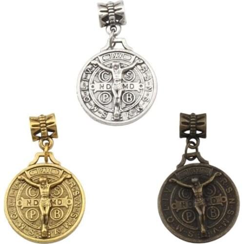 60pcs/lot Dangle Saint Jesus Benedict Nursia Patron Medal Cross Charm Beads Fit Pendant necklace Jewelry DIY 21.5x35.8mm 3Color