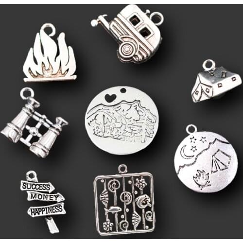 8pcs Silver Color Mixed Camping Style Tent Mountain Campfire Barbecue Pendants DIY Charm Jewelry Handmade Metal Accessories P570