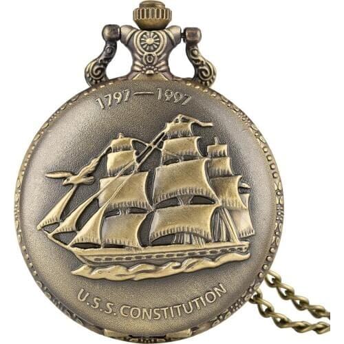 Antique Bronze 3D Sailboat Sailing Canvas Boat Ship Pocket Watch Necklace Clock U.S.S. CONSTITUTION Pendant Watch Blessing Gifts
