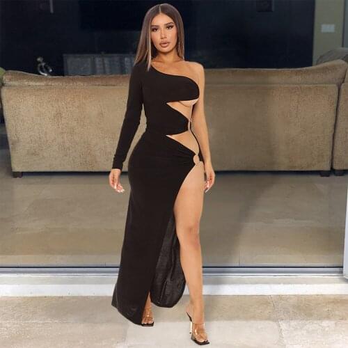 One Shoulder Asymmetrical Bodycon Party Dress Women Sexy Hollow Out High Split Bandage Dress Elegant Birthday Long Formal Dress