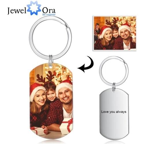 JewelOra Stainless Steel Personalized Photo Keychain Jewelry Customized Engraving Keyring Gift for Women Accessories