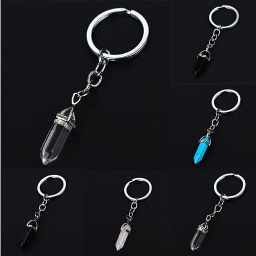 Natural Stone Bullet Keyring Turquoises Pink Crystal Pendant Keychain Women Girls Jewelry Presents Quartz Charm Key Chains Rings