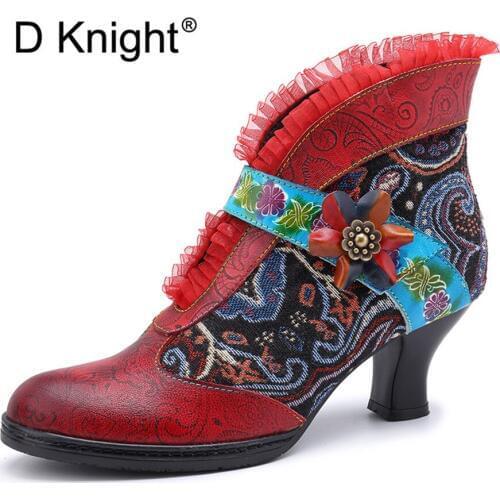 D Knight Brand New Fashion Lace Flowers Fmale Shoes Ankle Boots High Heels Red Winter Genuine Leather Women Embroidy Botas Shoes