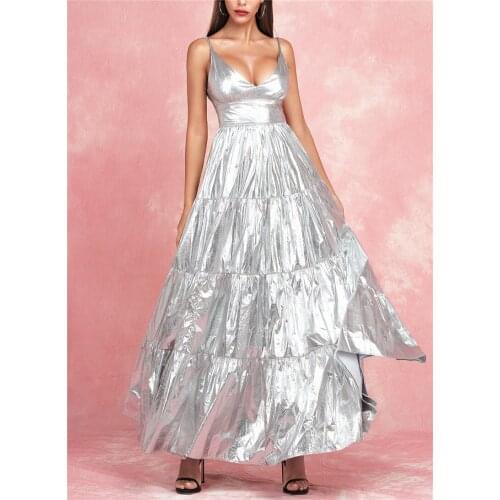 New Vestido Strap V-Neck Silver A Line Maxi Long Dress Elegant Women Dress Celebrity Night Party Dress Club