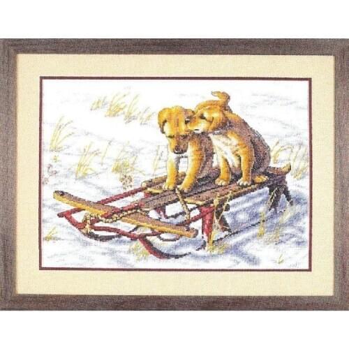 COTTON 2020 Counted Cross Stitch Kit Sled Dogs Two Dog Puppy Puppies in Winter Snow dim 70-08852 8852