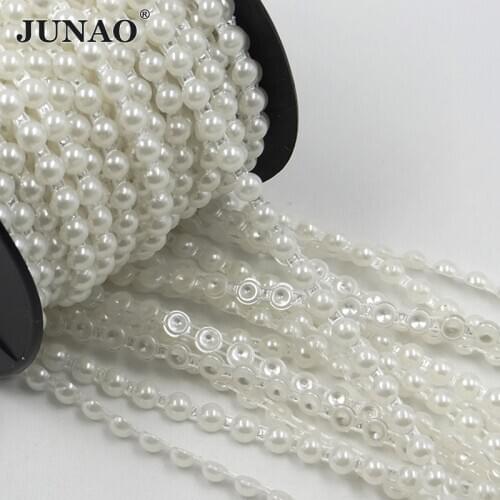 JUNAO 6mm White Pearl Beads Chain Bridal Applique Trim Half Round Pearls String Strass Crystal Band For Wedding Party Decoration