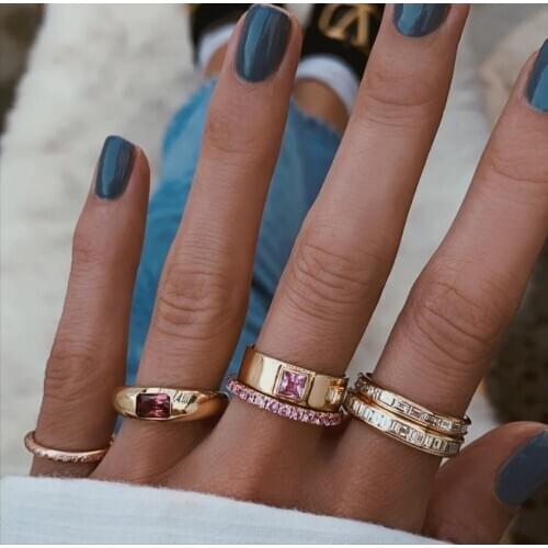 US size 6 7 8 9 Gold Color Metal Pink Cubic Zirconia CZ Simple Classic Engagement Wedding Ring Fashion