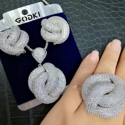 Exclusive bridal jewelry sets Flower Shape Cubic Zirconia Indian Wedding Necklace Earrings Resizable Ring Jewelry Sets For Women