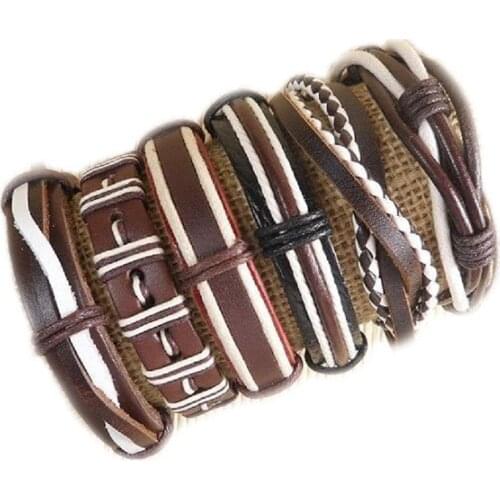 Handmade vintage jewelry Wholesale 6pcs/lot ethnic tribal genuine adjustable wrap leather bracelets for men 2019-S43