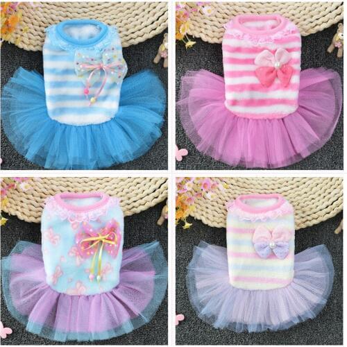 Autumn Winter Pet Dog Dresses Puppy Clothing Striped Tutu Lace Skirt Cat Outfit Coat Clothes for Small Dog Cheap Pet Apparel
