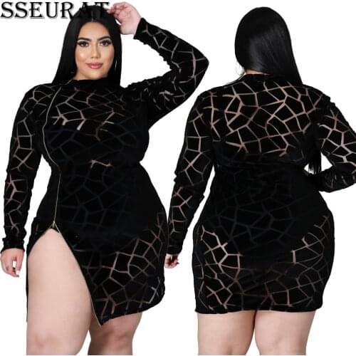 SSEURAT L-5XL New Plus Size Autumn Dress O Neck Full Sleeve Mesh See Through Solid Mini Dresses Sexy Night Club Party
