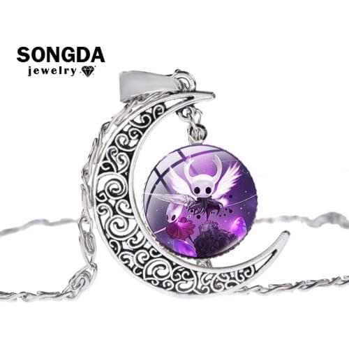 SONGDA Hot Anime Game Hollow Knight Necklace Cartoon FIgure Octopus Photo Glass Gem Moon Pendant Necklace for Fans Kids Jewelry