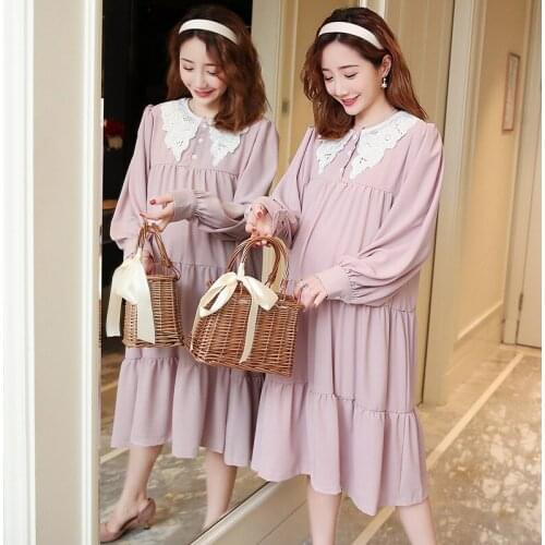 8071# Maternity Dress Spring Autumn Cotton Long Sleeve Loose Stylish A Line Dress for Pregnant Women Mom Dress