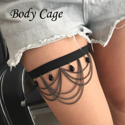 Body Cage 1pc High Quality Harajuku thigh Garters Black beads Belts Handmade tassel Punk Rock Goth Garter Body Harness Leg