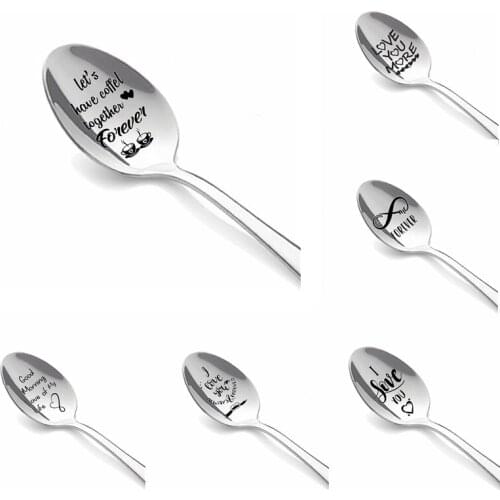 Portable Stainless Steel Spoon Engraving Tableware Coffee Spoon Dessert Valentines Day Gift Anniversary