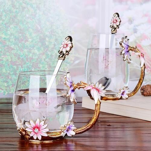 Luxury Creative enamel cups Transparent Crystal Carve patterns Glass Cup For water tea coffee Home Drinking ware wedding gifts