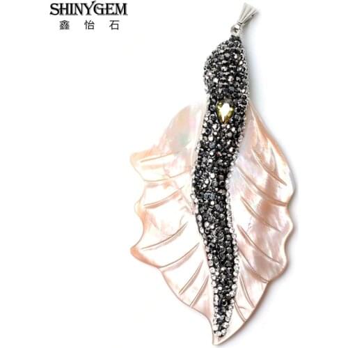 ShinyGem 5pcs Vintage 45-56mm Leaf Shape Shell Pendant Charms Pearl Micro Inlay Rhinestone White Shell Pendant Jewelry Making