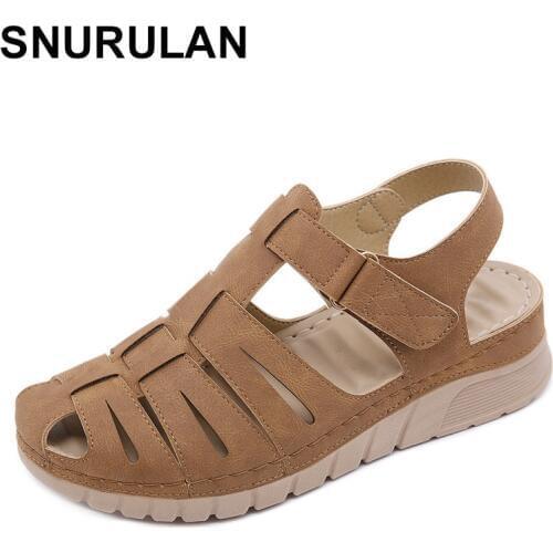 SNURULAN casual summer women shoes flat heel retro car line hole men sandals non-slip round toe wedge comfortable sandals women