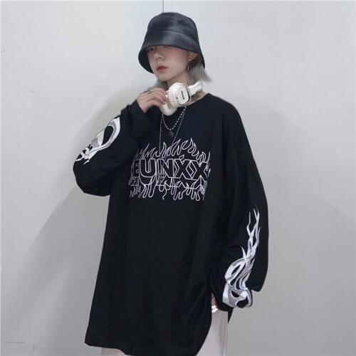 Harajuku Style Streetwear Flame Letters Print tee shirt tops Autumn loose Long Sleeve hip hop T-Shirt women men clothing