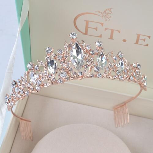 Princess Crystal Rose Gold Tiaras and Crowns Headband Girls Love Bridal Prom Wedding Party Accessiories Hair Jewelry