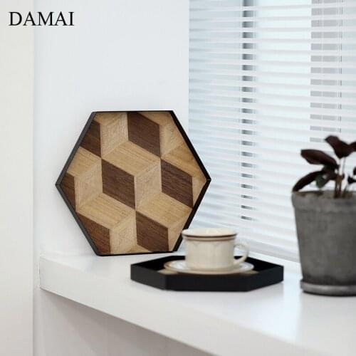 European Vintage Storage Trays Decorative Wood Hexagon Iron Tea Set Tray Dried Fruit Snacks Plates Home Desktop Storage Shelf