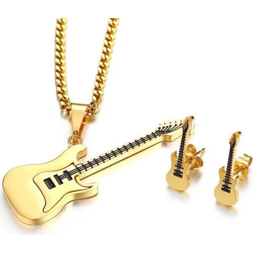 Stainless Steel Jewelry Sets Women Guitar Pendants Necklace Earrings Wedding Jewelry set Music Festival Unisex Gift