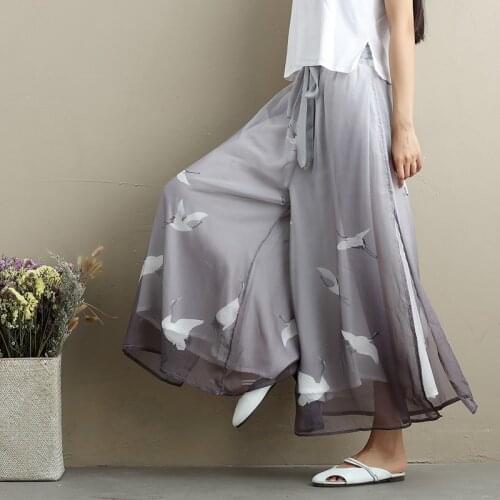 Chinese Style WomenS Pants 2021 New Summer Chiffon Hippie Ethnic Loose Crane Print Wide Leg Pants Capris Kimono Trousers 30750