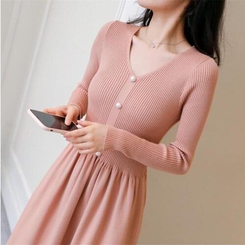 Womens Knitted Sweater Dress Autumn Spring Sexy Fitness Casual Long Sleeve V-NOCK Harajuku Mini Dress Vestidos Robe Femme