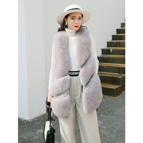 JANEFUR Real Fox Fur Vest Leather100% Outwearing Loose Clothing Mid-Length Sleeveless Winter Coat