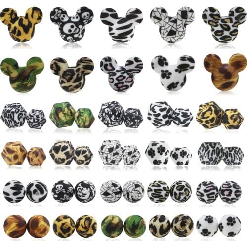 Silicone Beads 10Pcs Leopard Print 12/13/15/17mm Baby Teether Teething Beads Tie-dye DIY Jewelry BPA Free Pacifier Clip Making