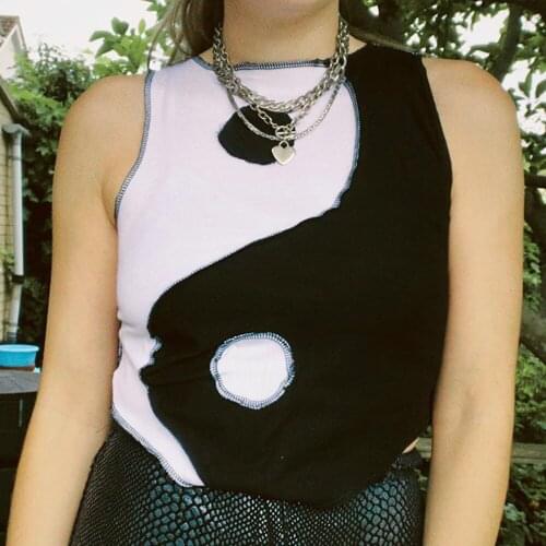 2021 Chinese Style Patchwork Top O Neck Sleeveless Tank Top Yin and Yang Tai Chi Printed Harajuku Crop Tank Top Streetwear