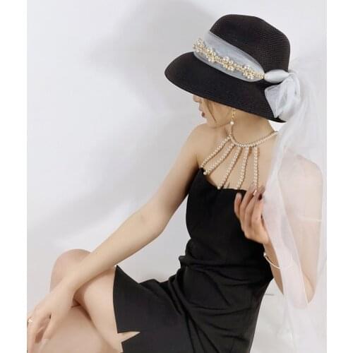 202105-shi summer paper grass wedding Hepburns elegant style long ribbon lady sun cap women leisure hat