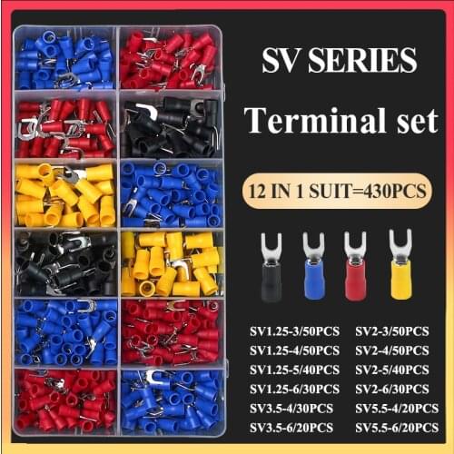 430PCS/BOX Fork-Terminal Cord-Fork Crimp Connector Insulated Cord fork End Terminal set Wire terminals connector SV1.25/2/3.5/5