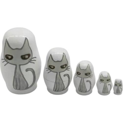 5 Pieces Handmade Cartoon Cat Matryoshka Russian Secret Dolls