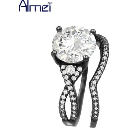 Almei Black Rhinestone Stone Pair Rings for Women Silver Color Crystal Mens Jewelry Wedding Couple Ring Vintage Bague Femme Y171