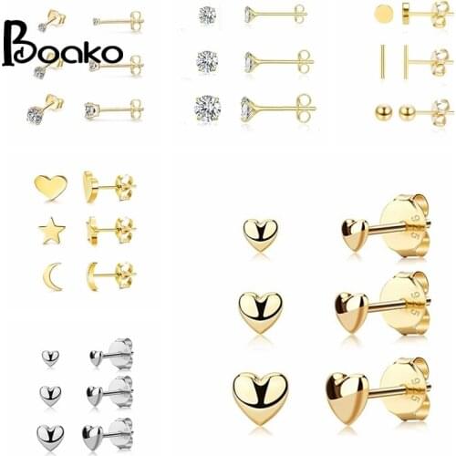 BOAKO Ins Heart 3Pcs/Set 925 Sterling Silver Earrings For Women Stud Earrings Golden Jewelry Ear Piercing Mom Gift 2021 Trend
