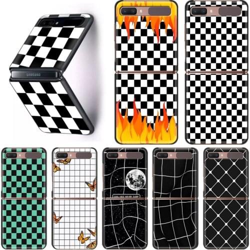 Black White Checkered Phone Case for Samsung Galaxy Z Flip 3 PC Hard Protective Cover Z Flip 3 5G Split Shockproof Coque Casing