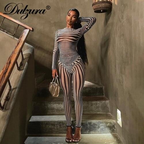 Dulzura 2021 Autumn Winter Women Stripe Zebra Print Mesh 2 Pieces Long Sleeve Top Leggings Set Skinny See Through Sheer Outfit
