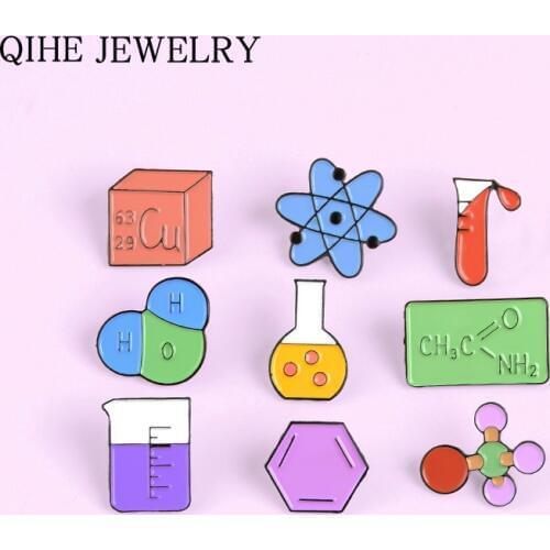 Science Lovers Enamel pins Chemical molecule Test tube Flask Beaker Cartoon Science series Brooches Badges Lapel pin for Friends