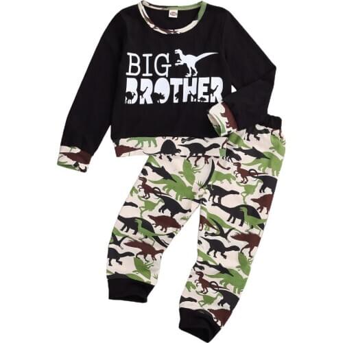 Baby Boy Dinosaur Print Autumn Spring Set Cartoon Round Neck Long Sleeve Big Little Brother T-shirt Camouflage Trousers 0-7Y