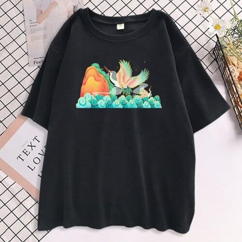 Beautiful Crane Fly On The Sky Print T-Shirt Women Harajuku O-Neck T-Shirts Street Casual Tee Cartoon Oversize Womens Tshirts