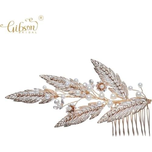 Handmade Hair Piece Gold Leaf Pearls Wedding Hair Comb Accessory Women Bridal Headdress