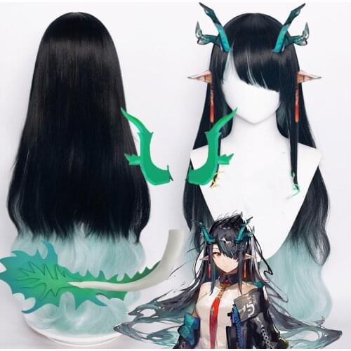 Game Arknights Dusk Cosplay Long Green Black Gradient Costume Heat Resistant Synthetic Hair Halloween Carnival Wig headwear tail