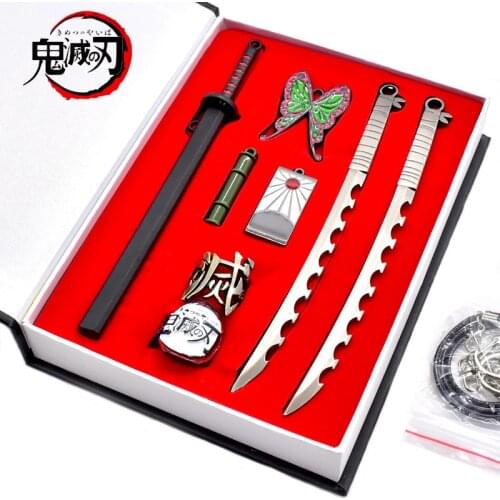 Kimetsu No Yaiba Sword Weapon Demon Slayer Kamado Nezuko Cosplay Sword Anime Weapon Model Metal Key Chain Necklace Set