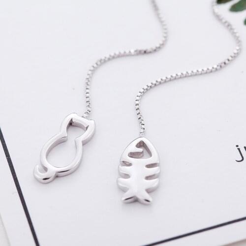 Korean fashion Hollow fish cat Asymmetric drop earrings animal Tibetan sliver long tassel Wholesale 2019 womens earring