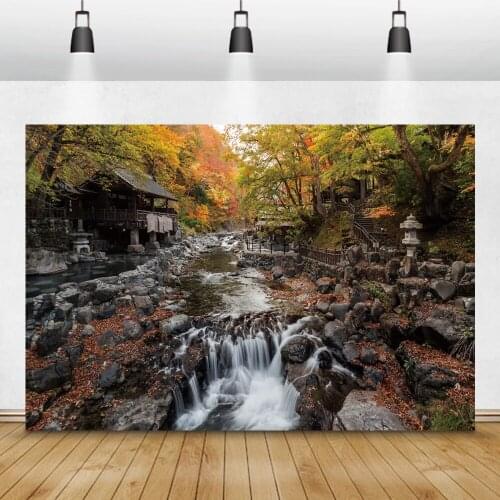 Laeacco Autumn Natural Scenery Landscape House River Railing Trees Rock Photo Background Photo Backdrops Photocall Photo Studio